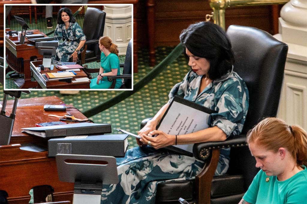 Texas state Senator Carol Alvarado equipped with a catheter and urine bag to support her filibuster on a redistricting bill