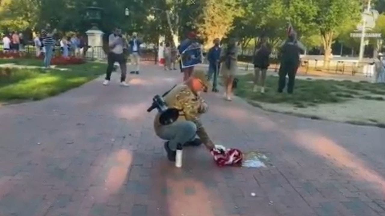 Veteran sets fire to American flag outside the White House as Trump signs flag directive