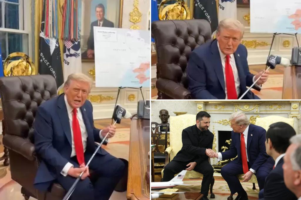 Zelensky presents Trump with a golf putter from a Ukrainian soldier who suffered a leg injury in battle