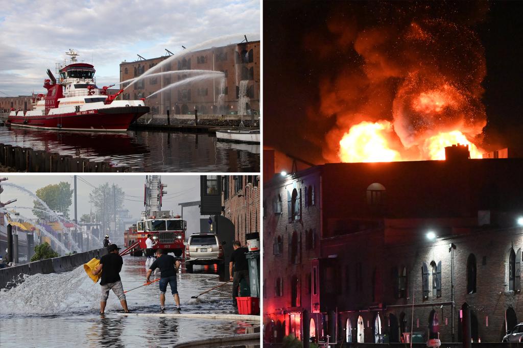 A warehouse in New York City from 1870 is destroyed by fire while drones, fire boats, and 250 firefighters work to extinguish the flames.