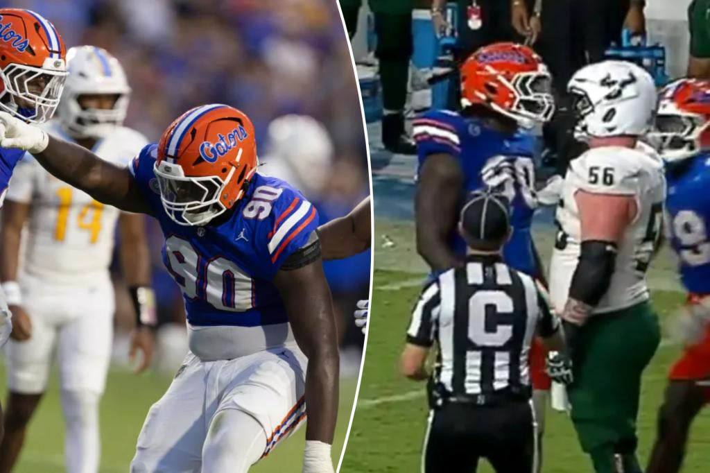 Brendan Bett from Florida apologizes following his ejection for spitting