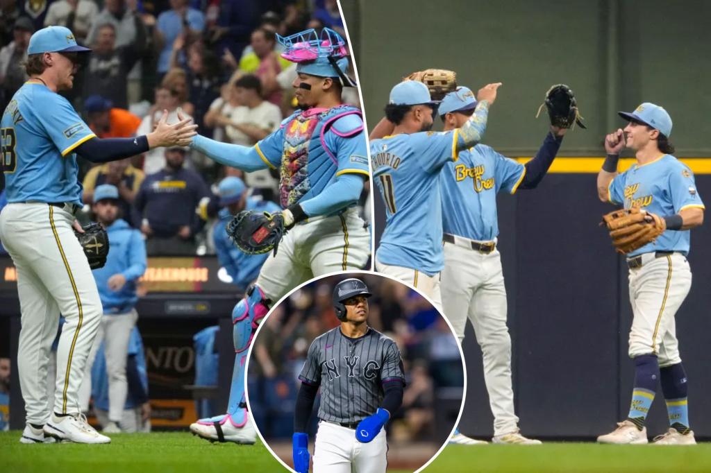 Brewers become the first team to secure a playoff spot after Mets' eighth consecutive defeat.