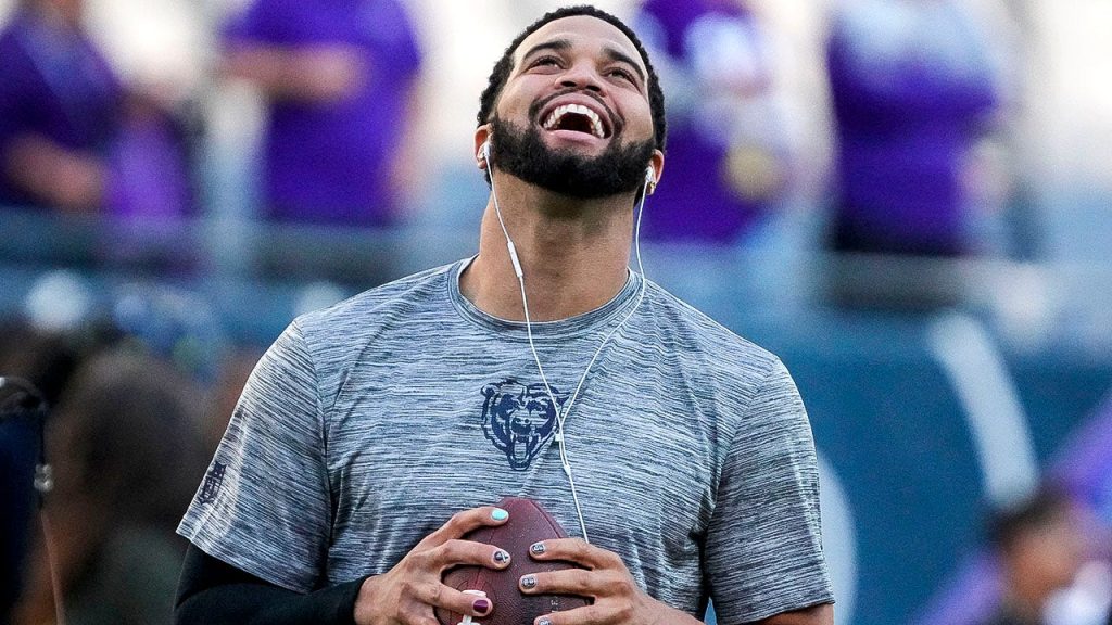 Caleb Williams decorates his nails with a message for suicide prevention for the Bears.