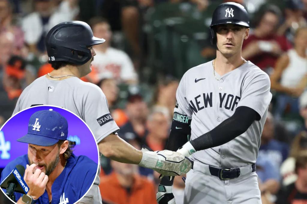 Cody Bellinger acknowledges Clayton Kershaw as he prepares for the Yankees' playoff final push