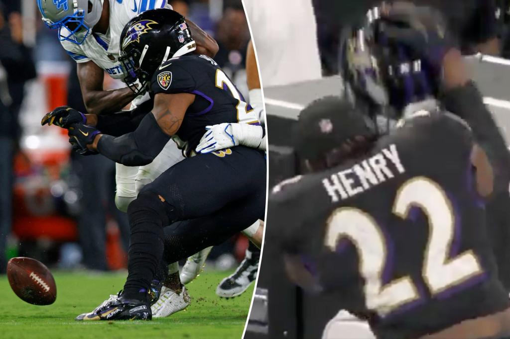 Derrick Henry of the Ravens throws his helmet in frustration as fumble issues persist