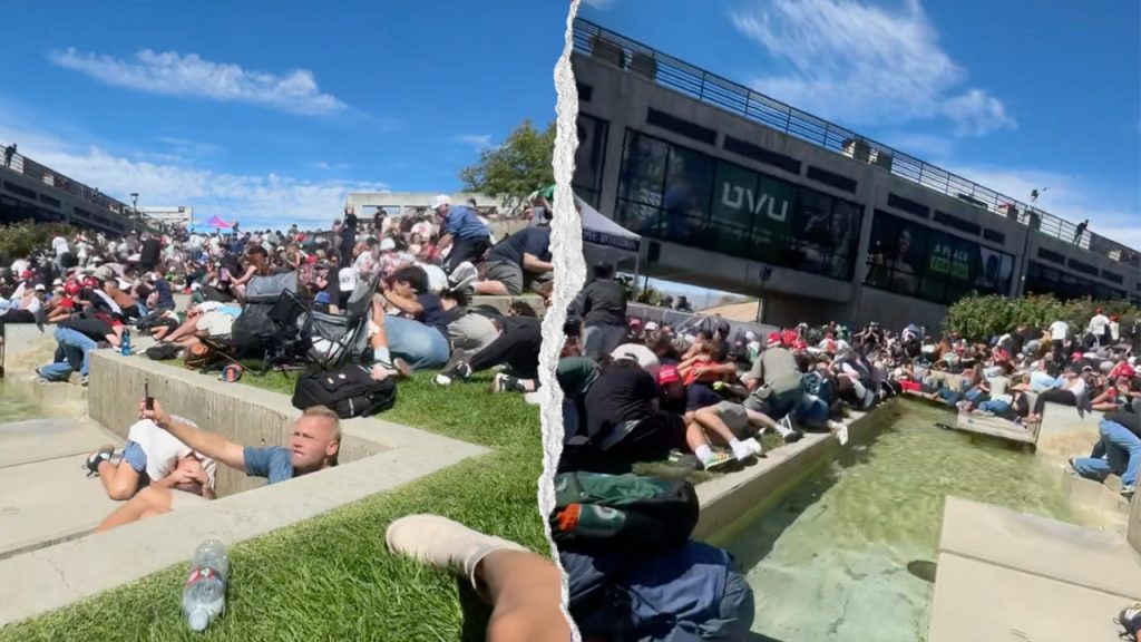 Footage reveals bystanders taking cover during the shooting involving Charlie Kirk at an event in Utah.