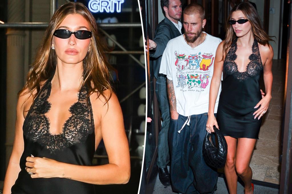 Hailey Bieber looks amazing in a little black dress while spending time with Justin at the 'SWAG II' launch event.