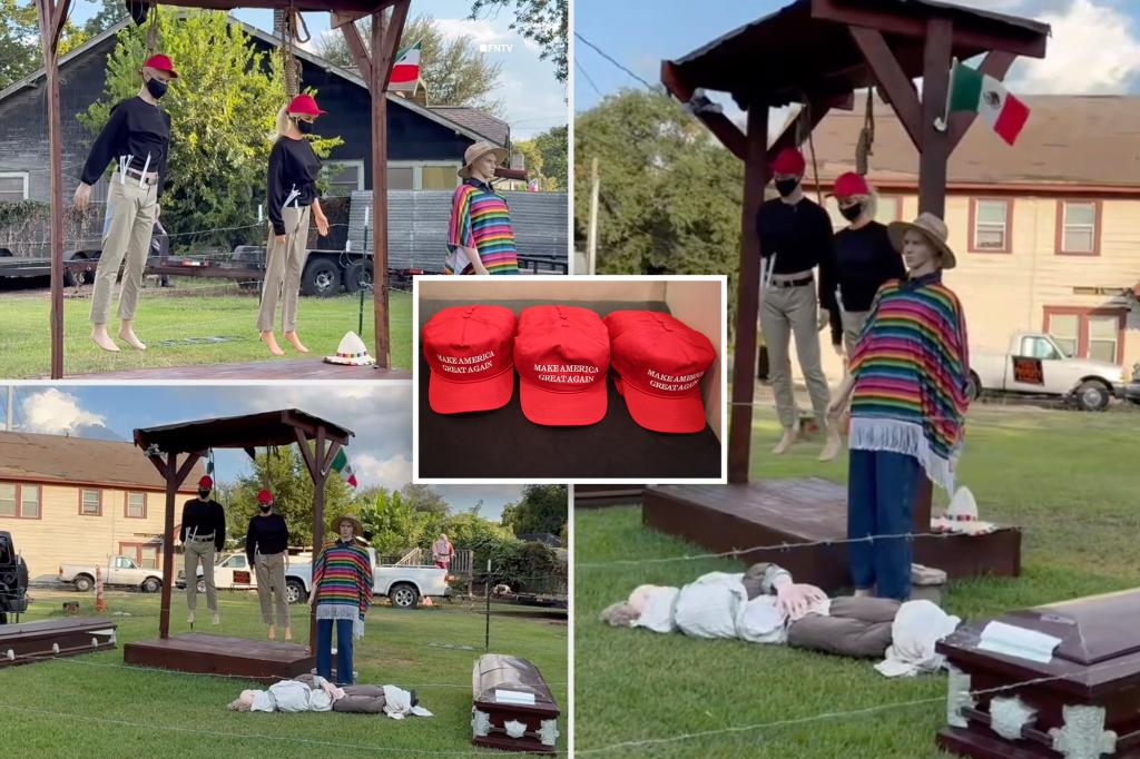 Halloween decorations provoke anger due to mannequins in red hats resembling MAGA and a Mexican flag.