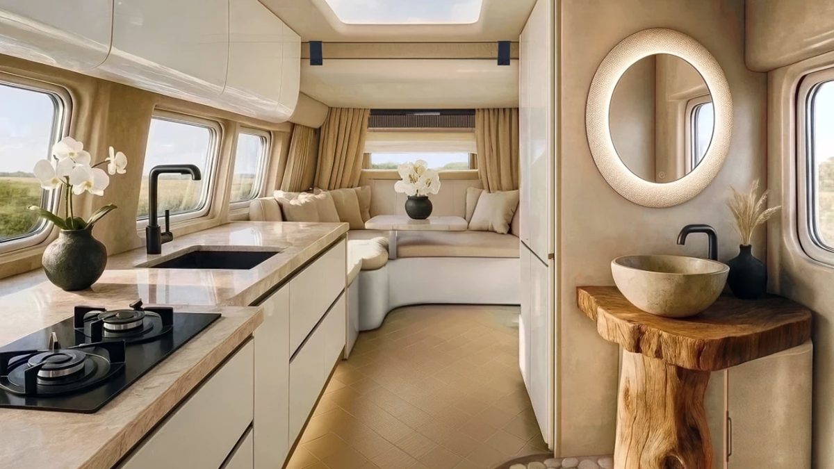 High-end camper van provides apartment-like experience with complete kitchen and bathroom