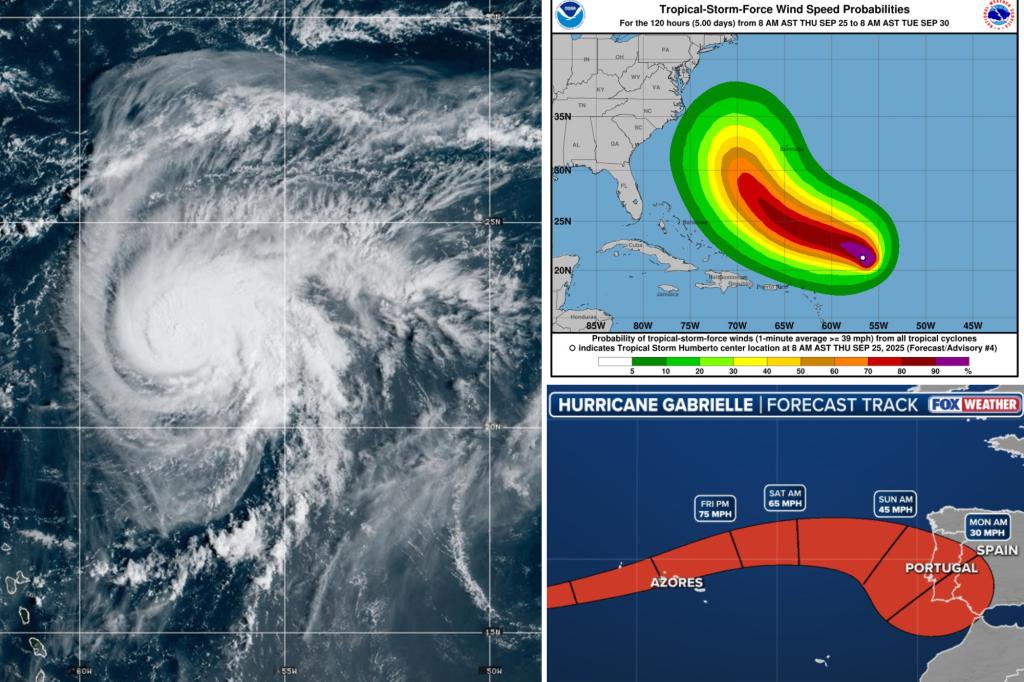 Humberto develops into a hurricane in the Atlantic as Gabrielle departs from the Azores.