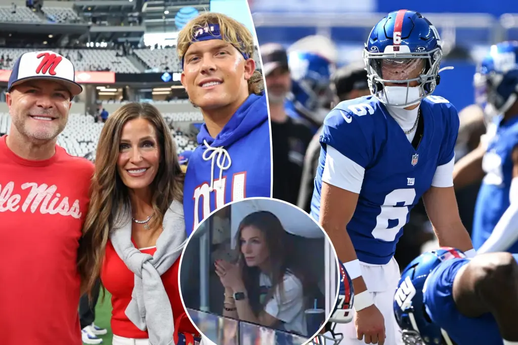 Jaxson Dart's family is there to watch his debut as a rookie quarterback against the Giants.