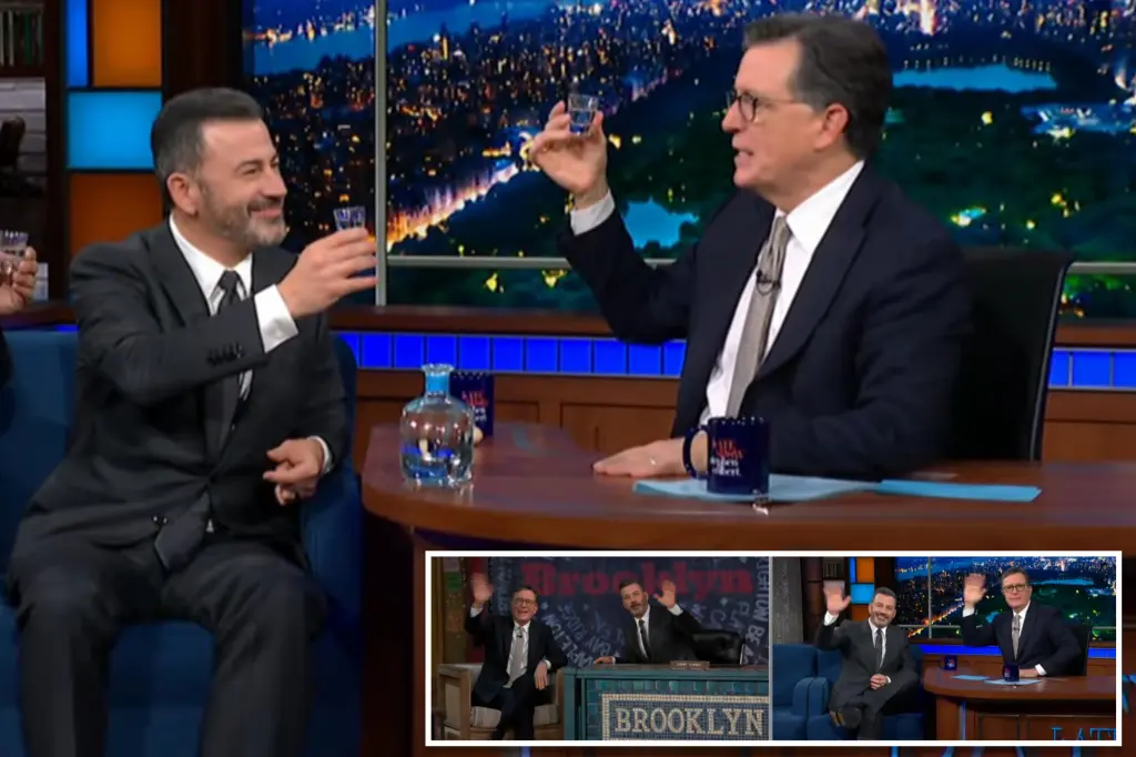 Jimmy Kimmel and Stephen Colbert appear on each other's shows to express their frustrations about late-night show cancellations.