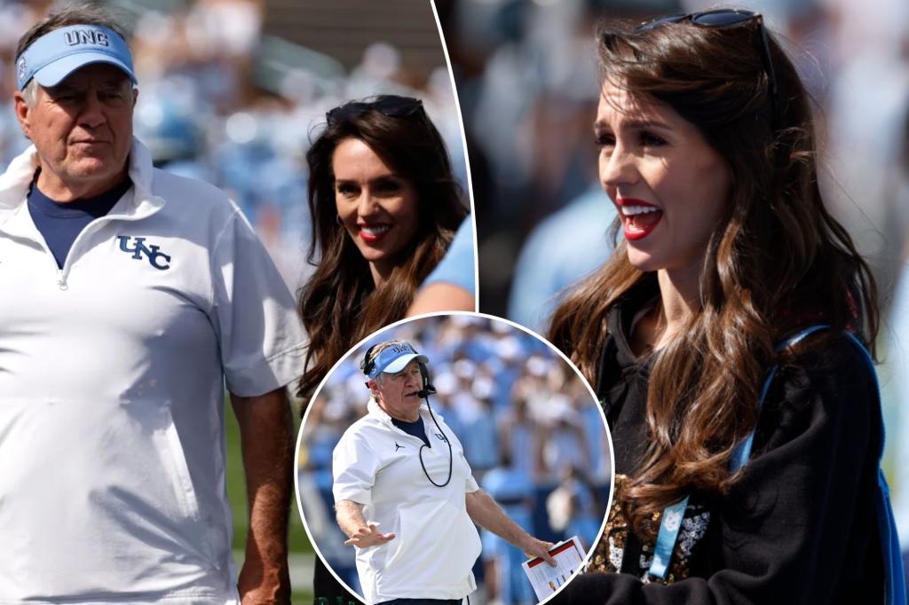 Jordon Hudson grinning on the sidelines as Bill Belichick guides UNC to victory