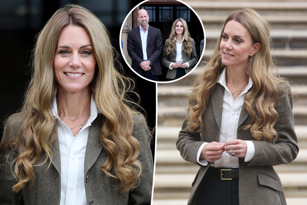 Kate Middleton displays her new blonde hair during a public appearance with Prince William.