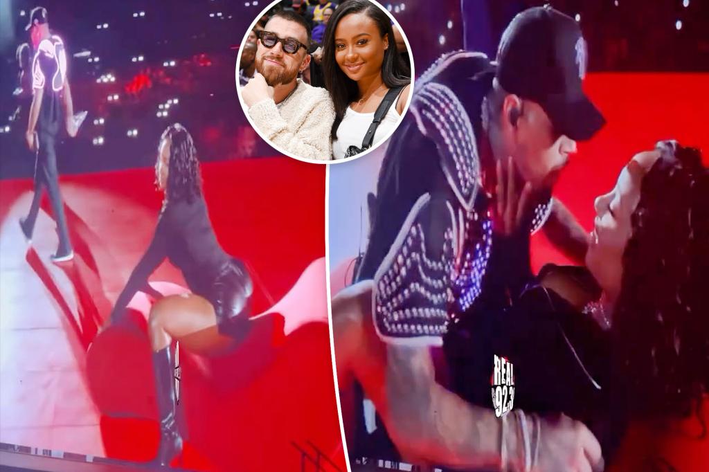 Kayla Nicole, who once dated Travis Kelce, receives a lap dance from Chris Brown at a concert in LA.