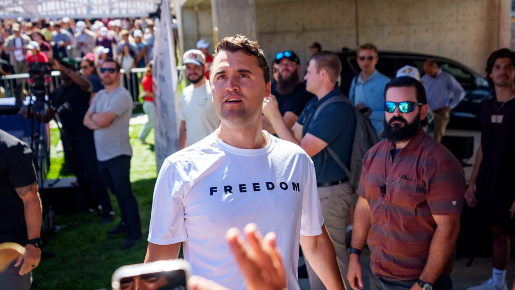 Large number of people waits in line for Charlie Kirk FREEDOM shirts at Penn State game