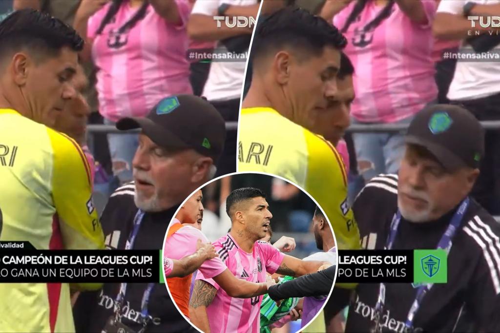 Luis Suárez from Miami spits on a Seattle staff member during a postgame fight