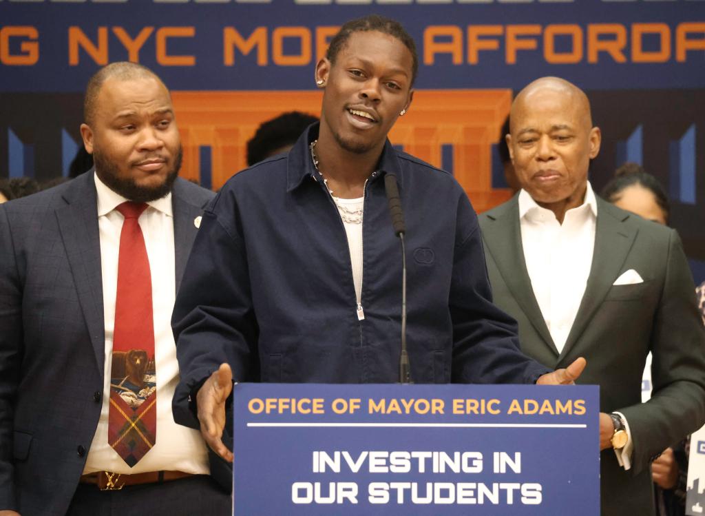 Mayor Adams and Jazz Chisholm Jr. share plans for 350,000 free computers for students in NYC.