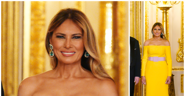 Melania Trump Shines in a Vibrant Carolina Herrera Dress, Adorned with Emerald Jewelry for the U.S.-UK State Dinner