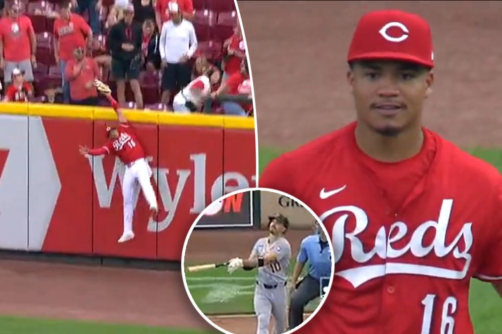 Noelvi Marte of the Reds prevents a game-tying home run, delivering a surprising setback to the Mets