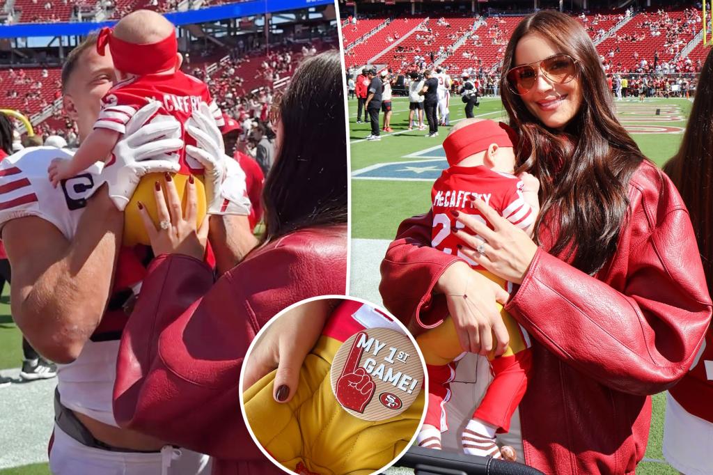 Olivia Culpo brings her 2-month-old daughter to see Christian McCaffrey at her first NFL game.