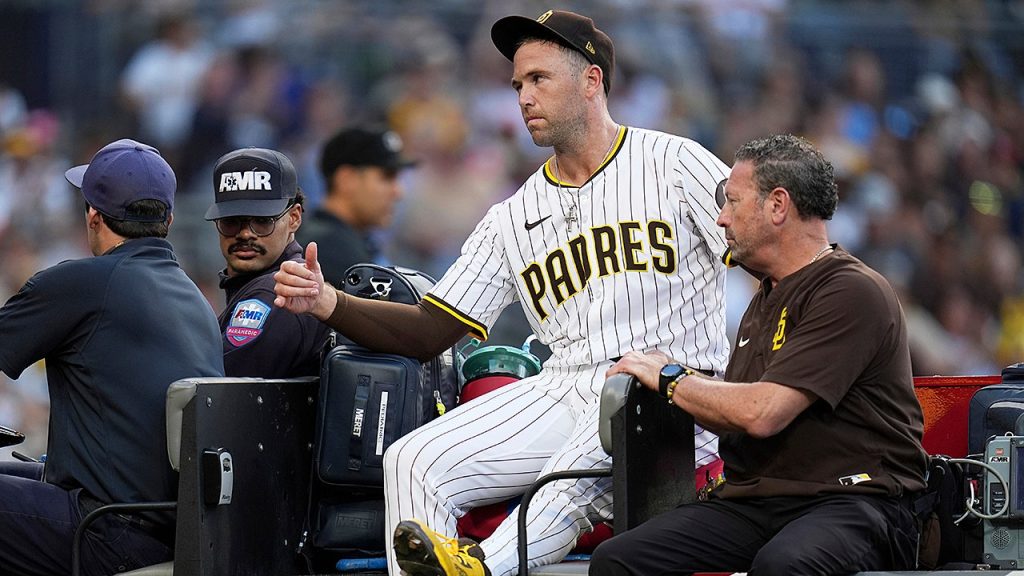 Padres' Jason Adam falls to the ground due to an injury and is taken off the field.