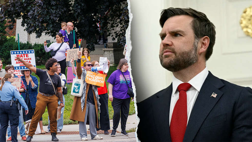 Protesters shout at JD Vance while he honors the victims of the Catholic school shooting.