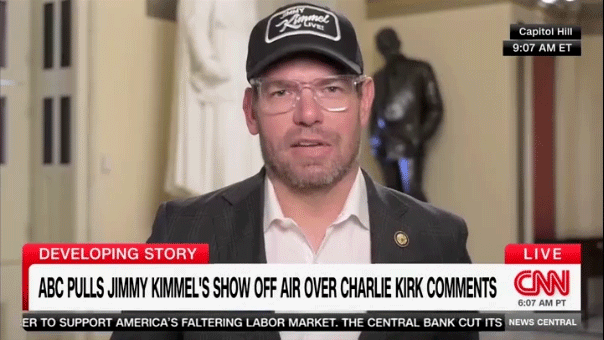 Rep. Swalwell wears 'Jimmy Kimmel Live!' hat on CNN after the show was cancelled
