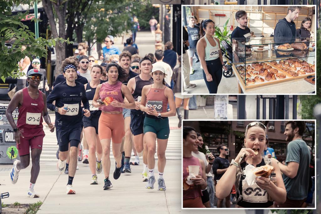 Runners with a sweet tooth take over NYC streets for the 'Bakery Run' half marathon while enjoying pastries.