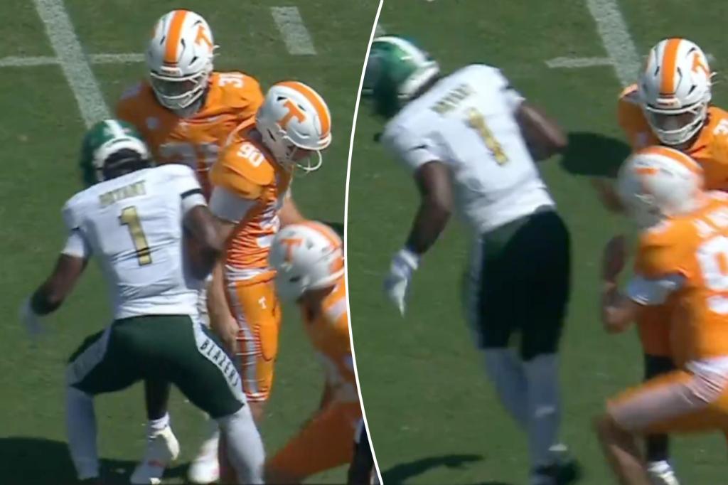 Sirad Bryant from UAB steps on Tennessee kicker's foot