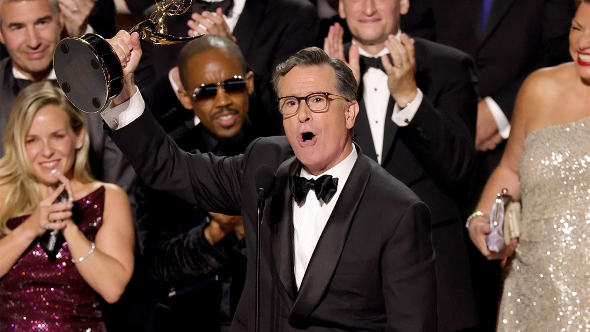 Stephen Colbert receives an Emmy despite cancellation, expresses his deep love for America