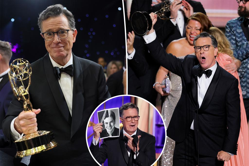 Stephen Colbert talks about the cancellation of his show during a heartfelt speech at the 2025 Emmys.
