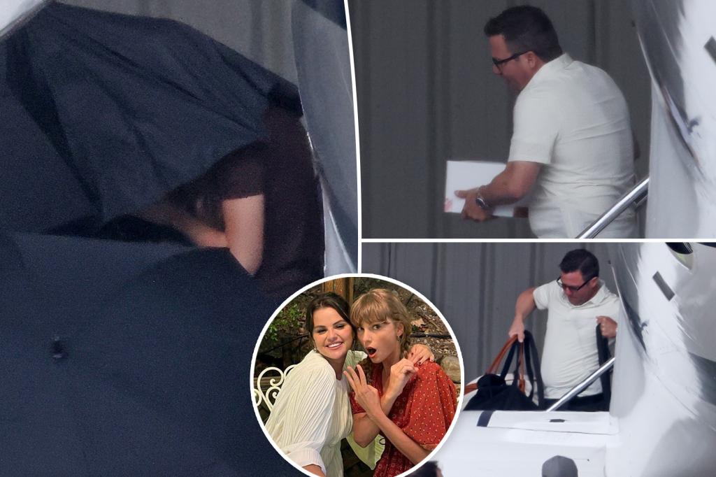 Taylor Swift seeks cover with umbrellas upon arriving in California for Selena Gomez's wedding