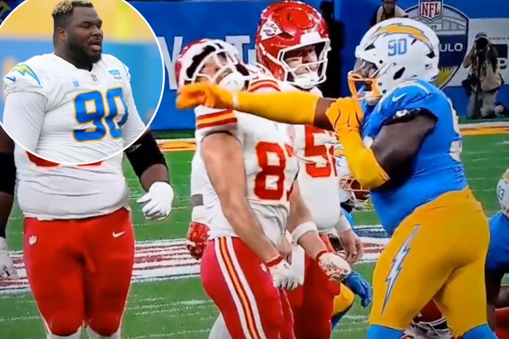 Teair Tart of the Chargers penalized for slapping Travis Kelce in Week 1