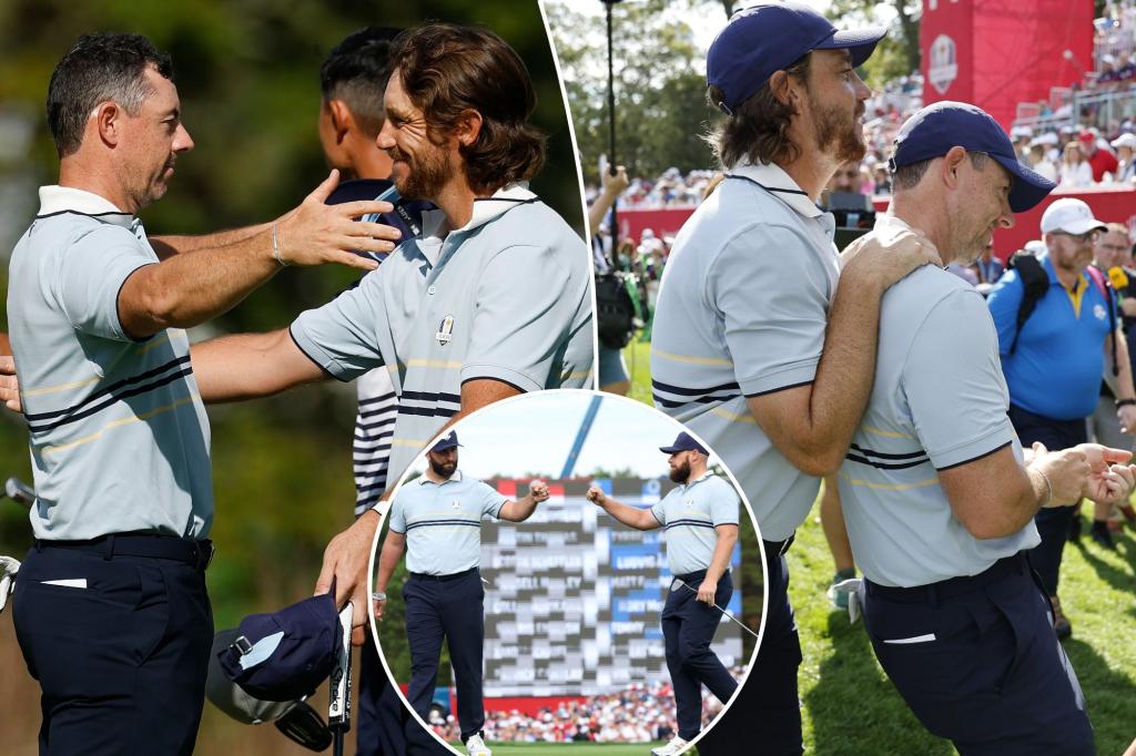 Team Europe celebrates their strong start in the Ryder Cup.