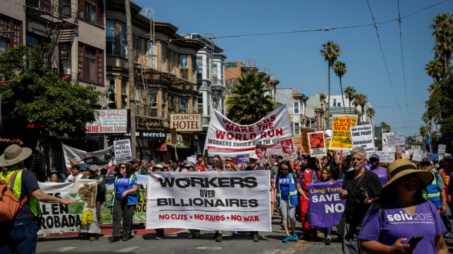 Thousands gather nationwide to protest against Trump and the wealthy.