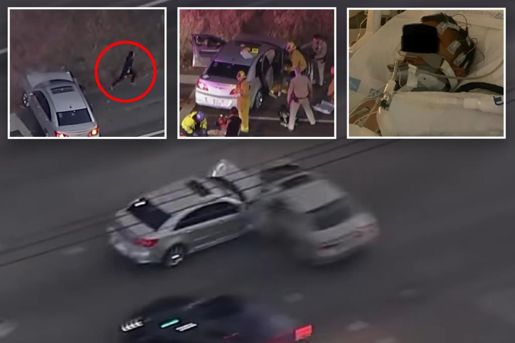 Three children abducted and pursued in a chaotic situation after their mother briefly left the car running near a convenience store.