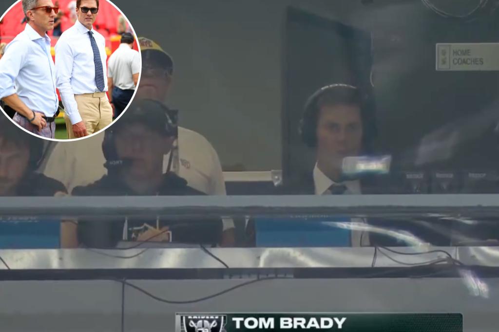 Tom Brady visits the Raiders coaching booth during Monday Night Football