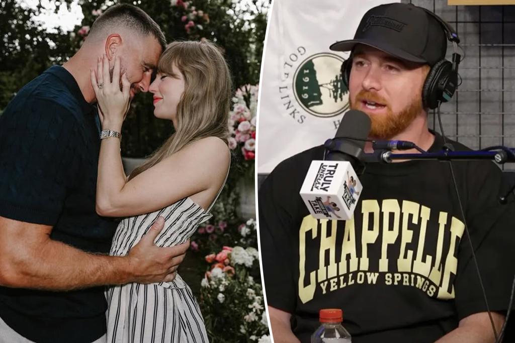 Travis Kelce's comedian friend doesn't anticipate getting a wedding invite from Taylor Swift.