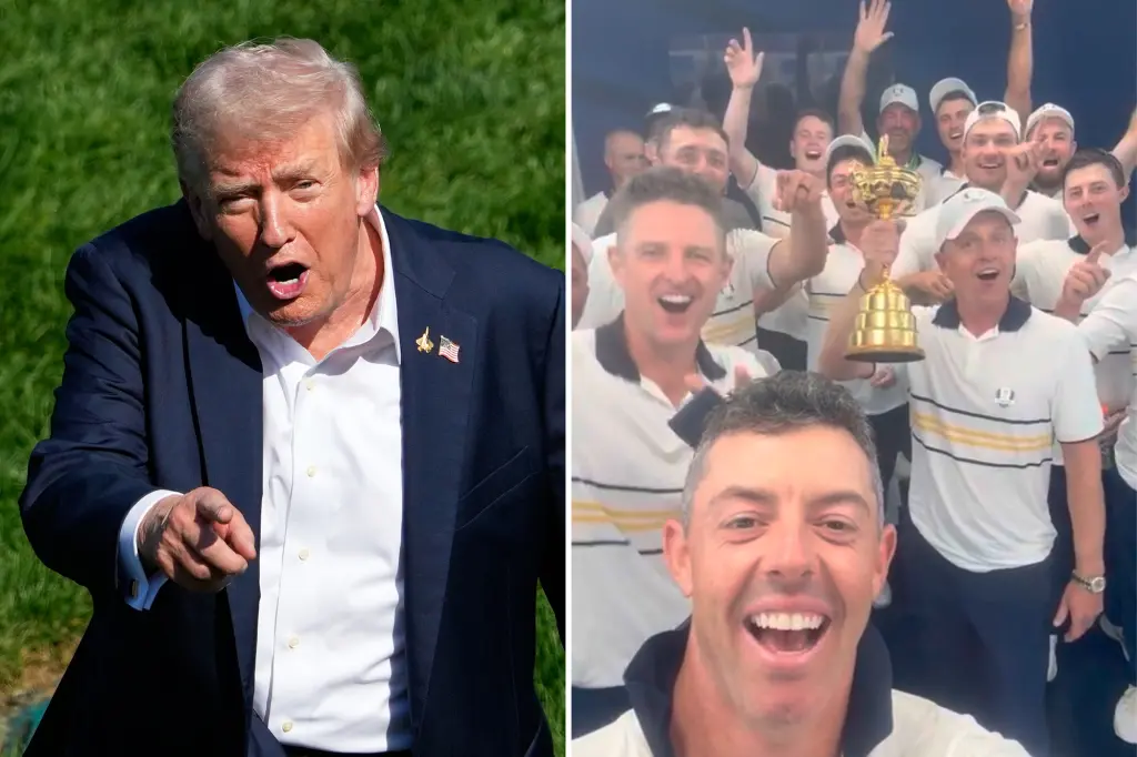 Trump reacts to Rory McIlroy and Team Europe joking with him after their Ryder Cup win