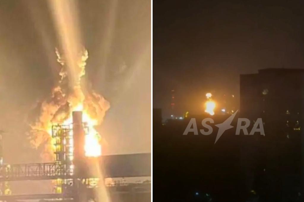 Ukrainian drones hit a major Russian oil refinery, causing a fire.