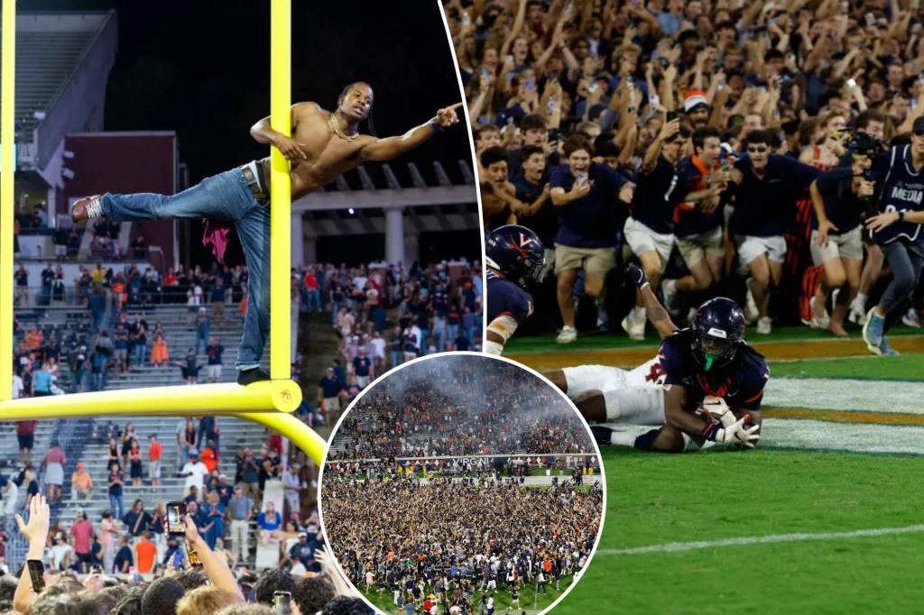 Virginia supporters rush the field following surprising victory against Florida State in wild college football moment