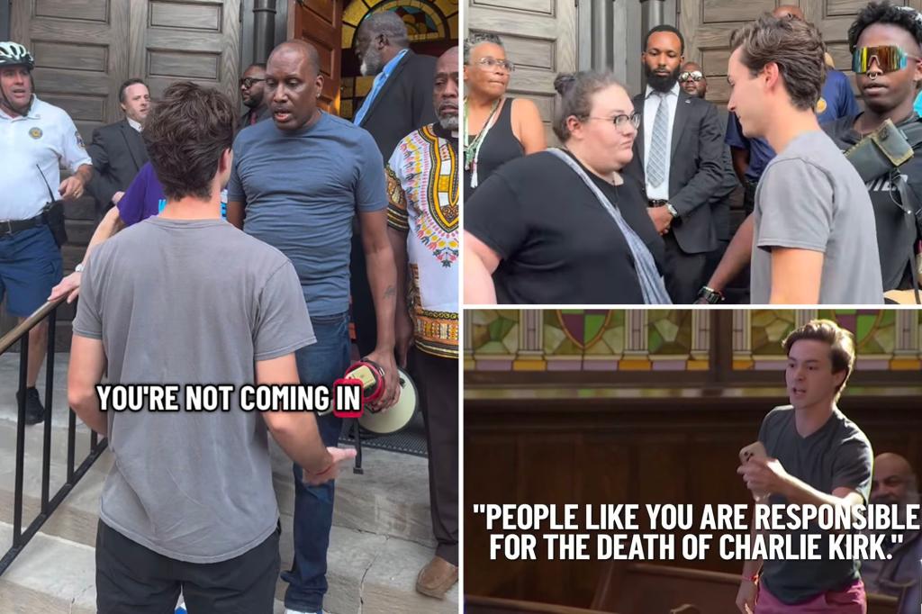 Young Republican prevented from entering church where progressive district attorney was speaking