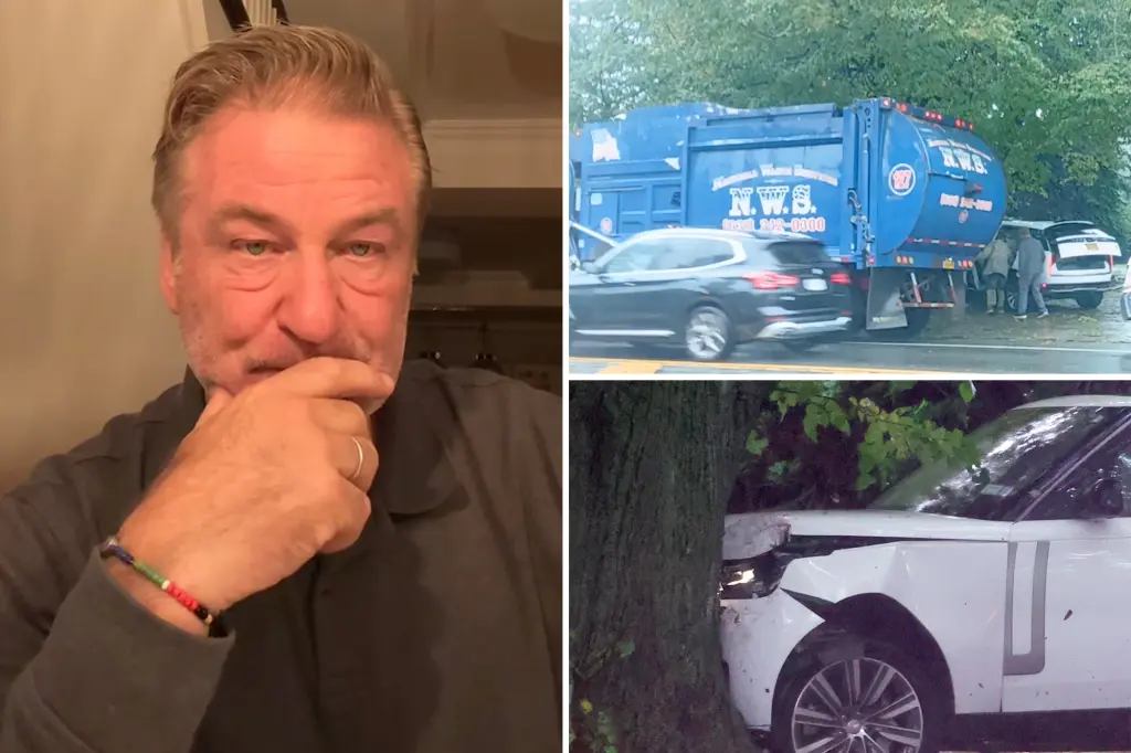 Alec Baldwin attributes the damage to his wife Hilaria's car in the Hamptons to a huge garbage truck and a large tree.
