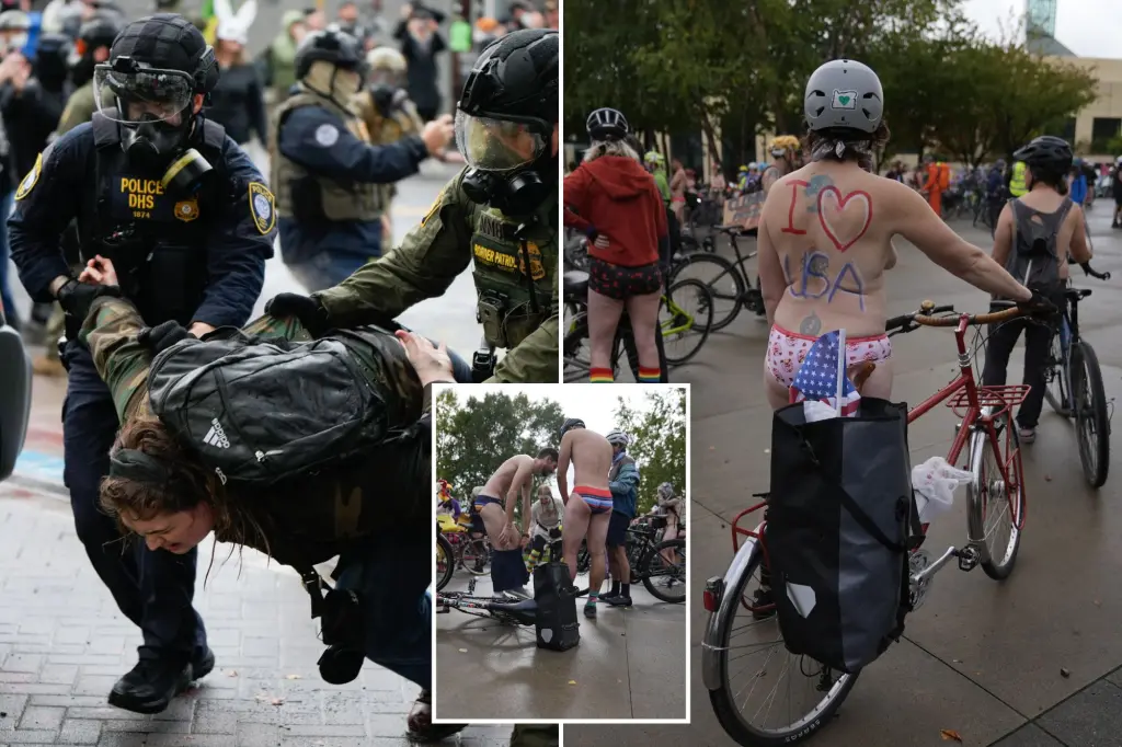 Bare bike riders demonstrate against federal troops in Portland