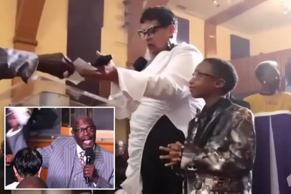 Detroit pastor Bishop Marvin Winans reprimands congregant Roberta McCoy for giving 1,200 instead of 2,000