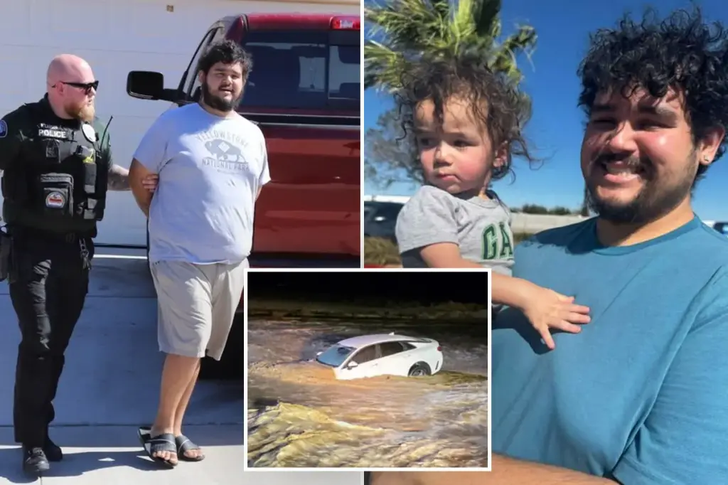 Father charged after driving family car through flooded street to reach home, leading to son's drowning