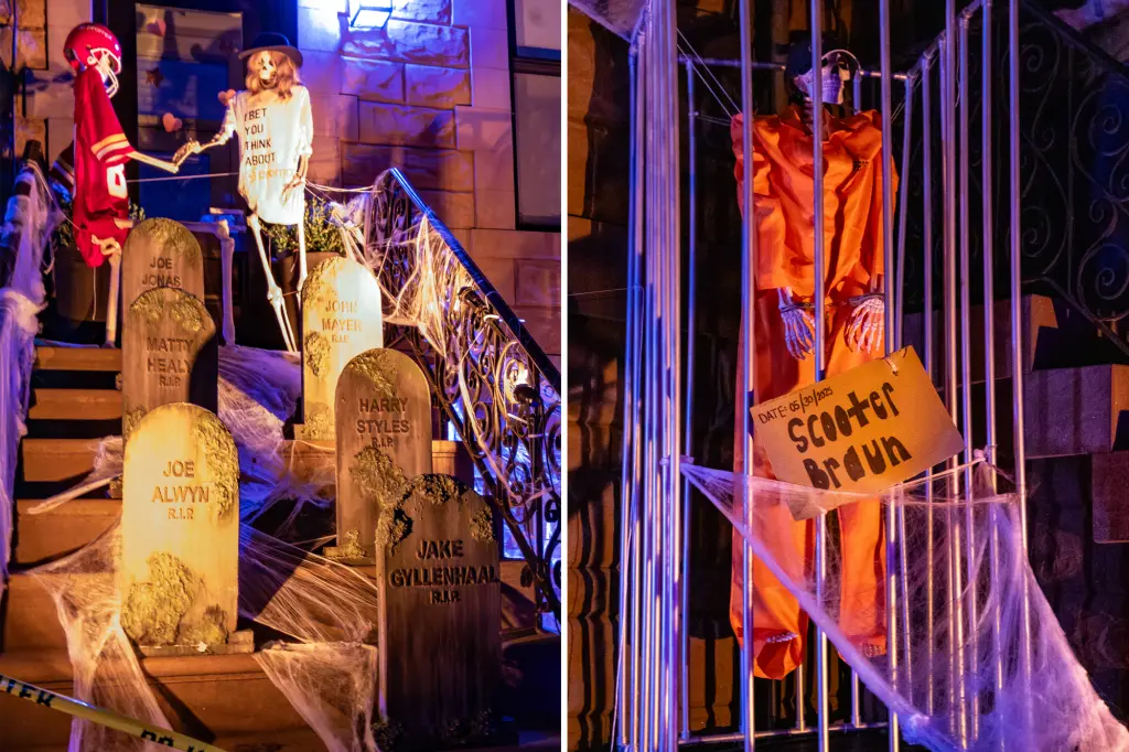 Halloween decorations featuring Taylor Swift's exes' names on tombstones become widely popular.