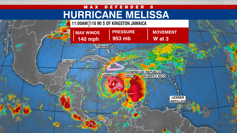 Hurricane Melissa strengthens to a Category 4 storm, projected to reach Jamaica.