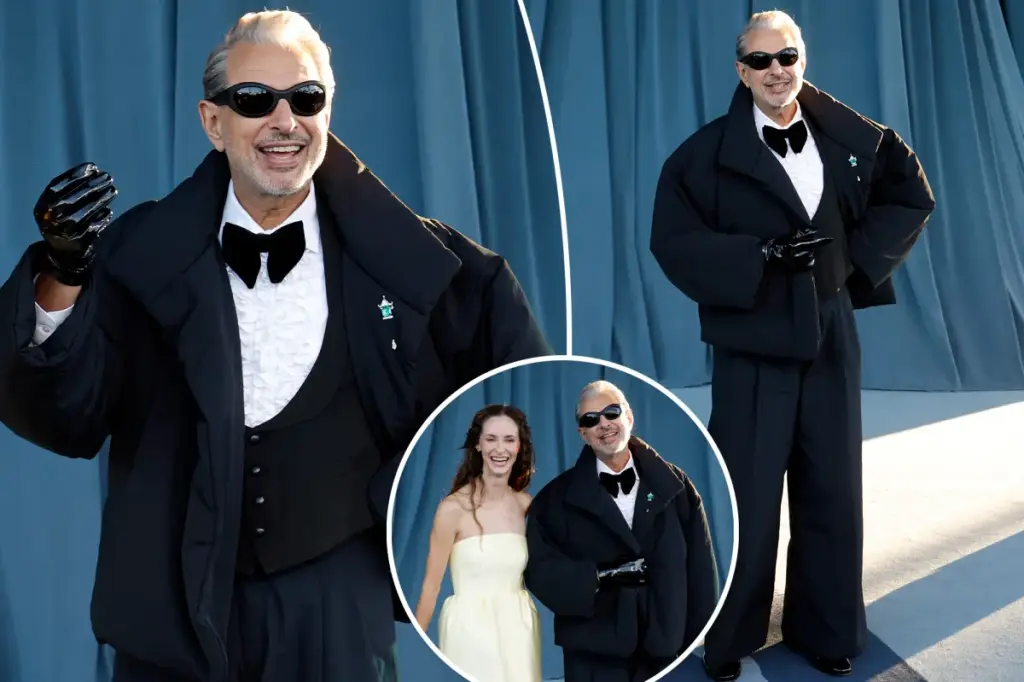 Jeff Goldblum dons a winter tuxedo paired with a puffer jacket and shiny leather gloves for the 2025 Academy Museum Gala